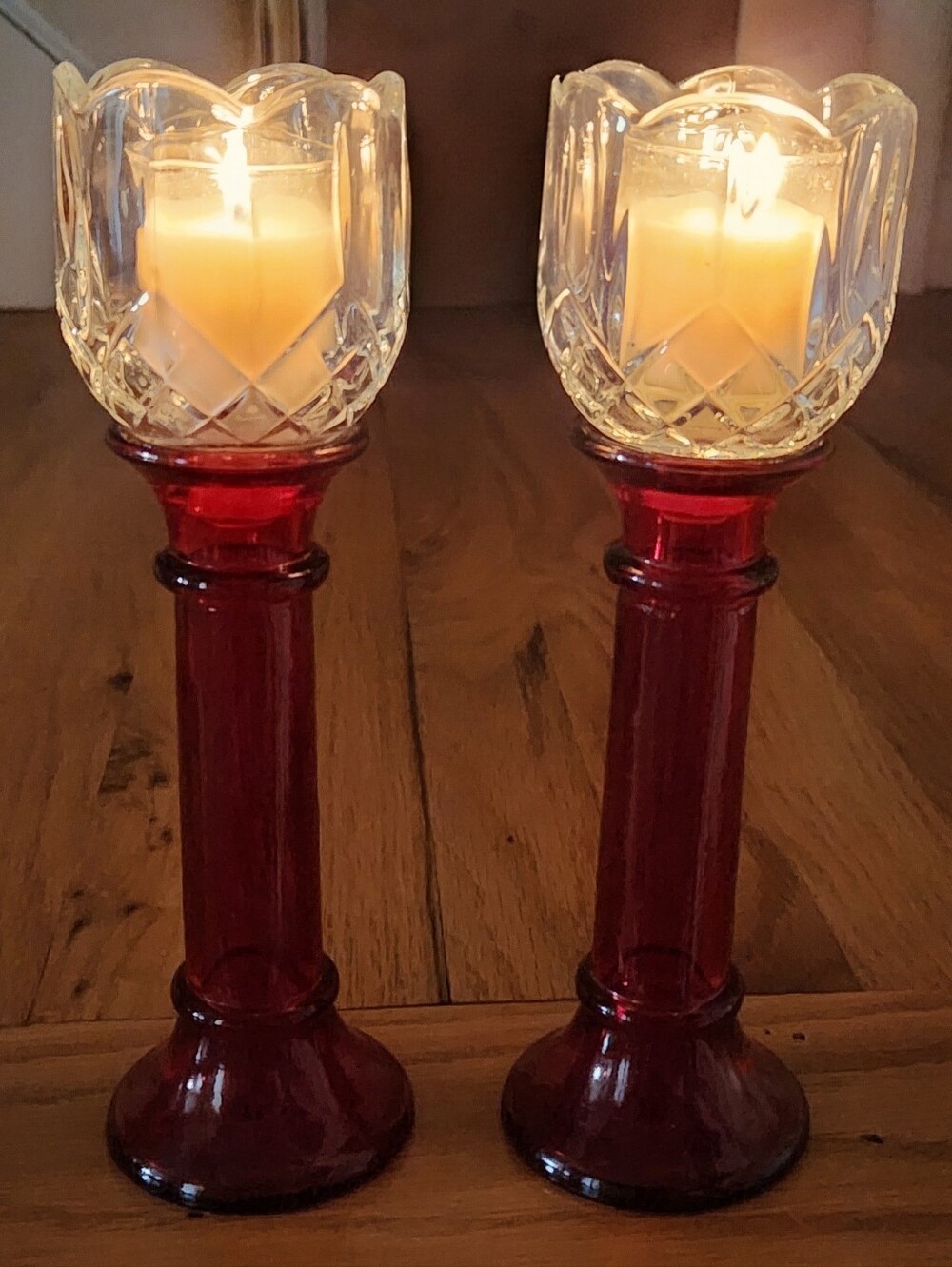 Homco Clear Votive With Red Ruby Glass Candleholders, 9.5" Tall VGC
